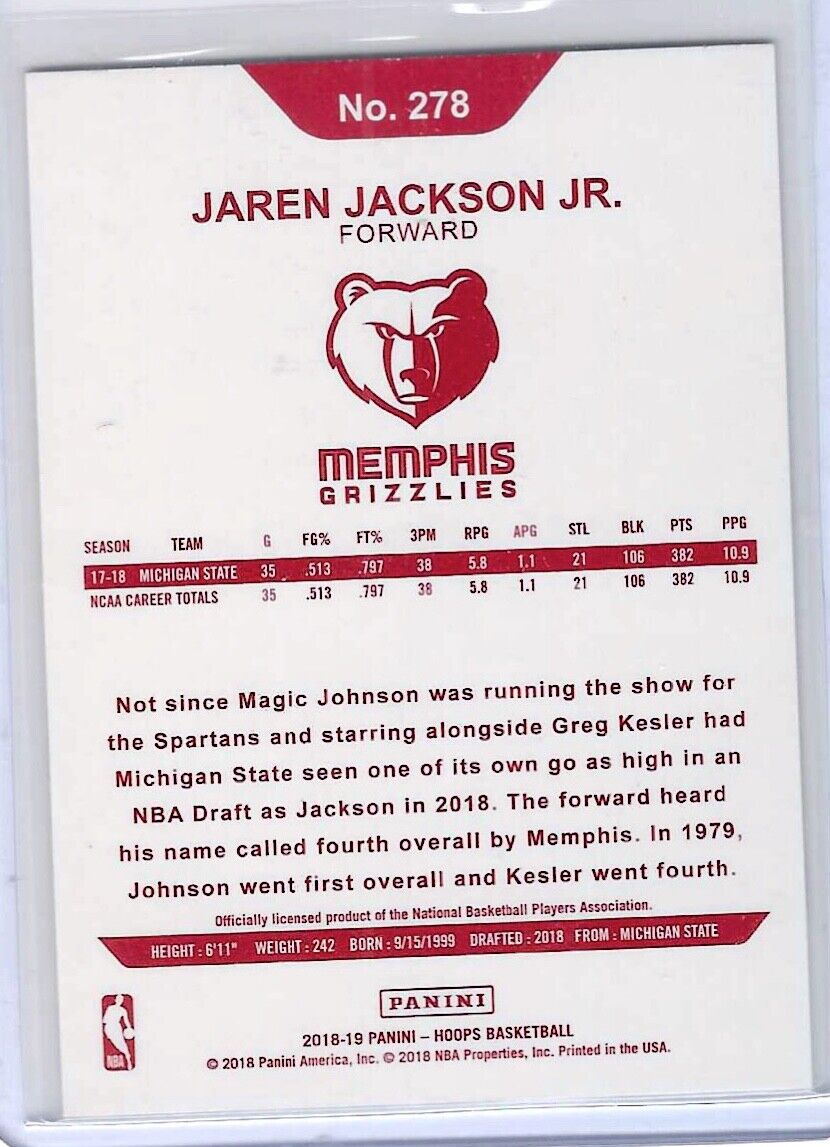 JAREN JACKSON JR 2018-19 NBA HOOPS RED BACK SP ROOKIE RC #278