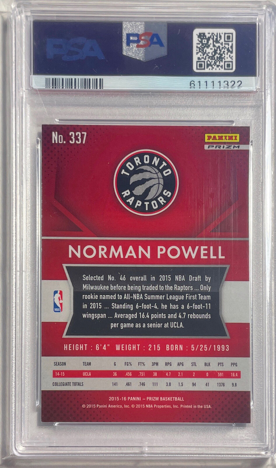 NORMAN POWELL 2015-16 PANINI PRIZM RED WHITE BLUE ROOKIE RC 337 PSA 9 MINT POP 7