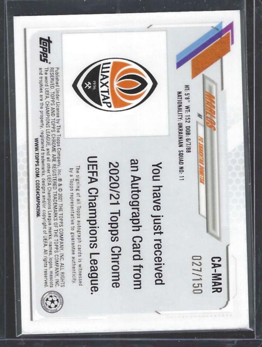 MARLOS 2020-21 TOPPS CHROME UEFA BLUE REFRACTOR AUTO #D 027/150