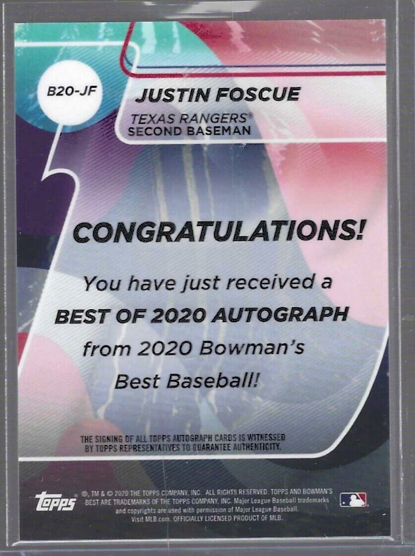 JUSTIN FOSCUE 2020 BOWMANS BEST PROSPECT ON CARD AUTO #B20-JF