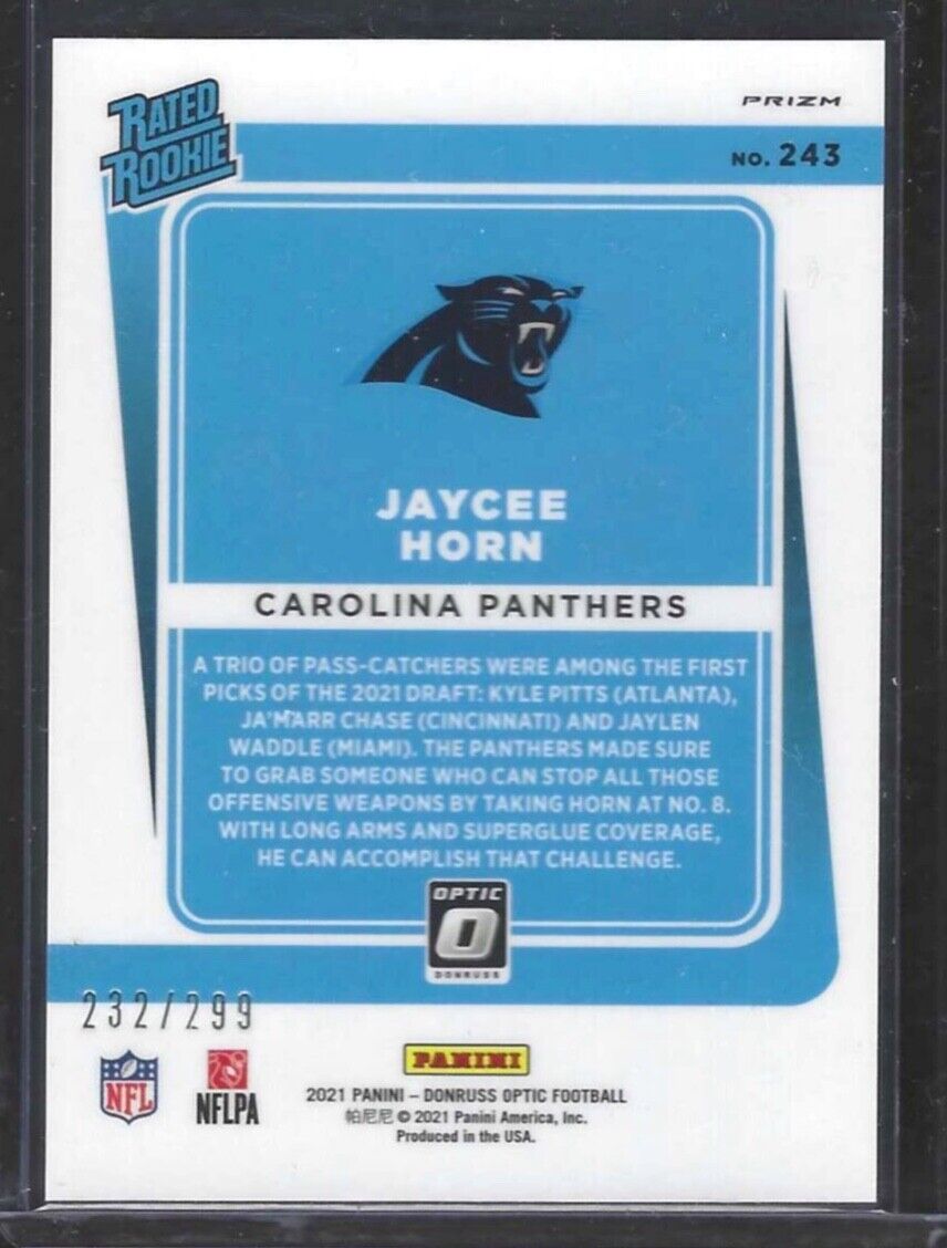 JAYCEE HORN 2021 PANINI DONRUSS OPTIC LIGHT BLUE PRIZM RATED ROOKIE RC #D /299