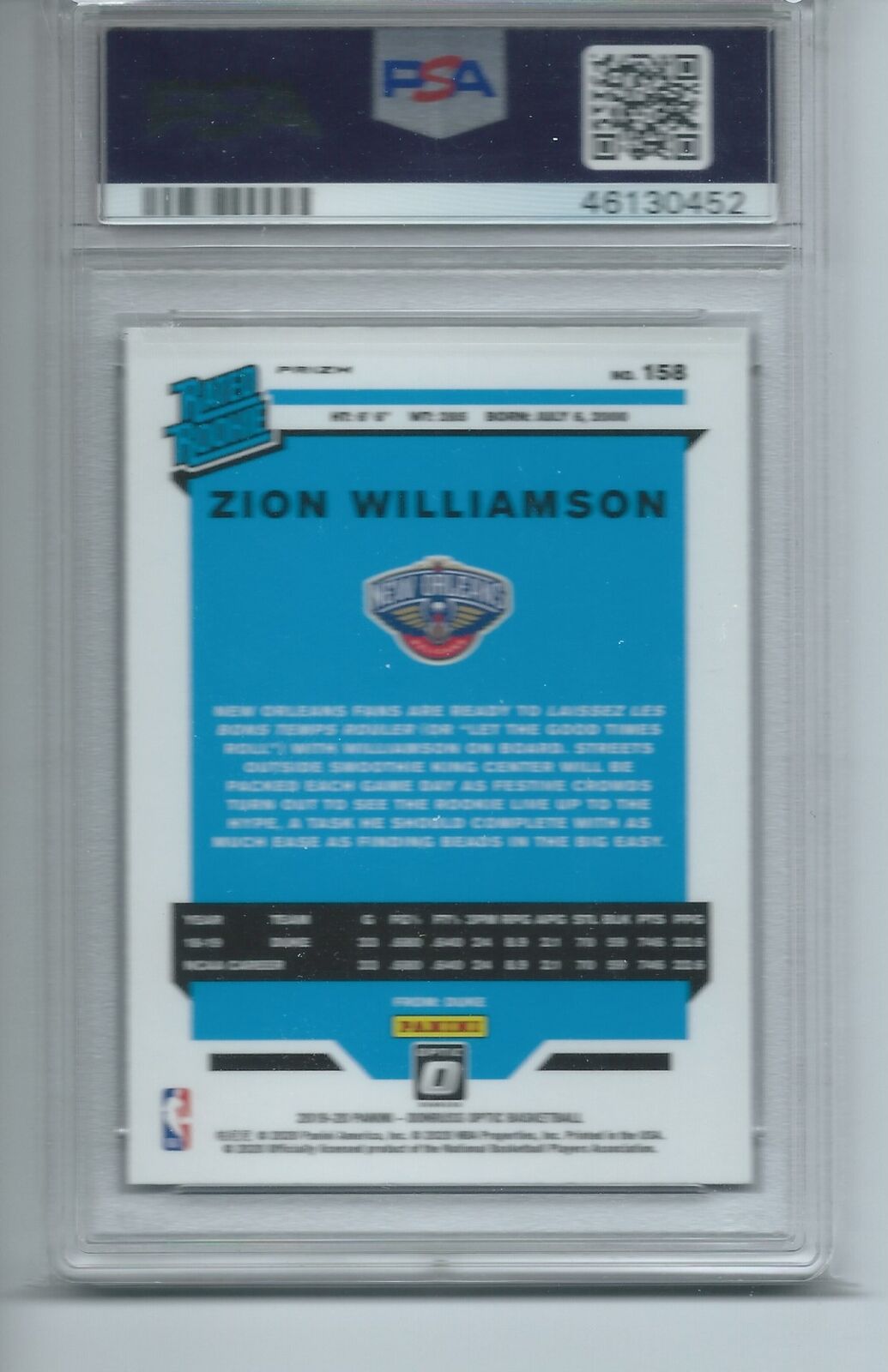 ZION WILLIAMSON 2019-20 PANINI DONRUSS OPTIC PURPLE PRIZM RATED ROOKIE RC PSA 10
