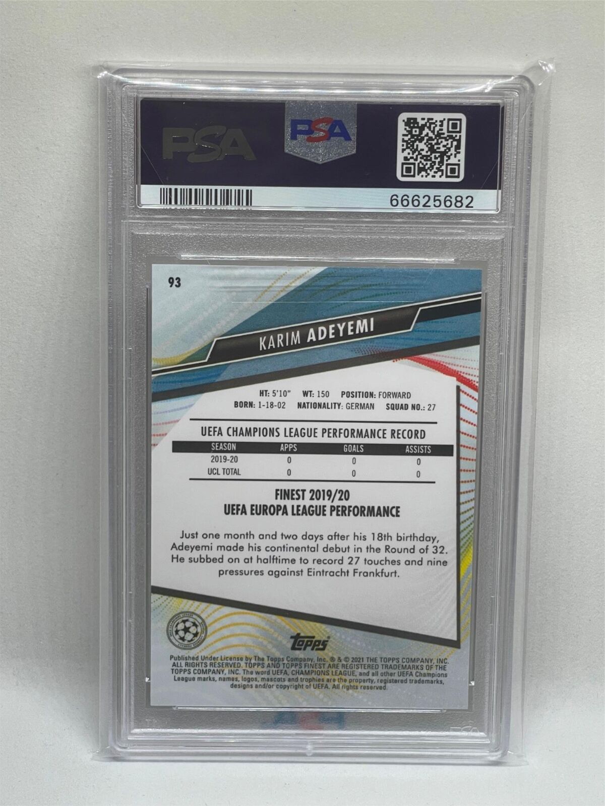 KARIM ADEYEMI 2020 TOPPS FINEST UEFA CHAMPIONS LEAGUE #93 ROOKIE RC PSA 10 GEM