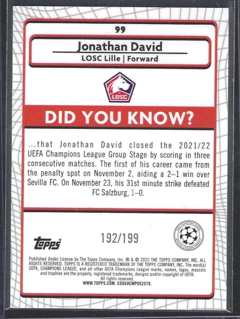JONATHAN DAVID 2021-22 TOPPS MERLIN AQUA REFRACTOR ROOKIE RC #D 192/199