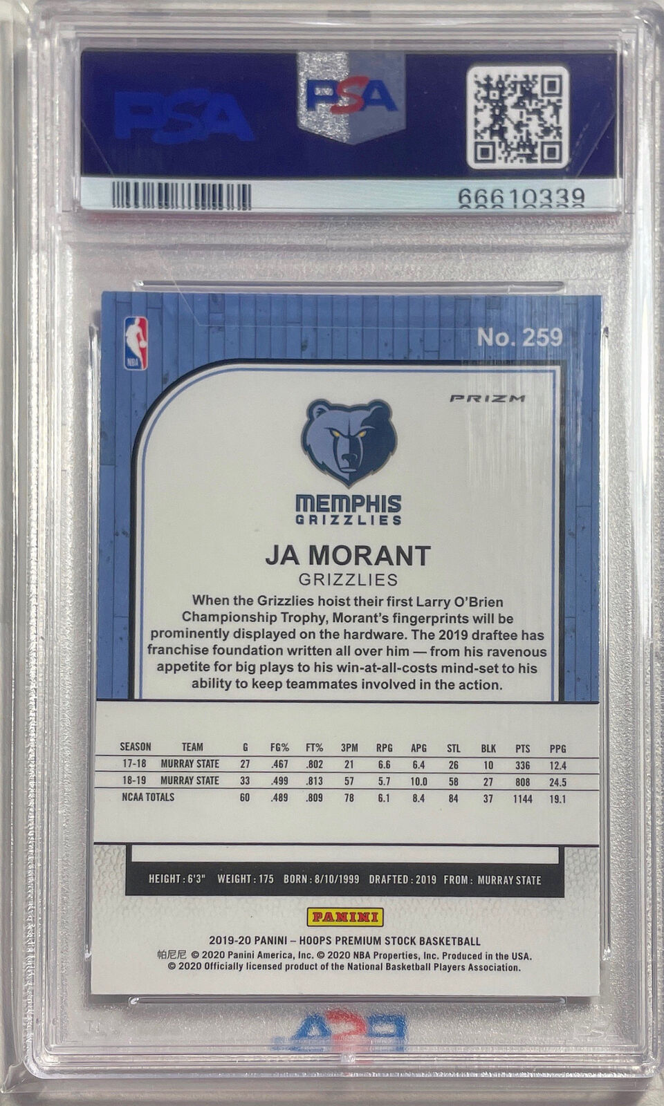 JA MORANT 2019-20 PANINI HOOPS PREMIUM STOCK SILVER PRIZM ROOKIE RC #259 PSA 9