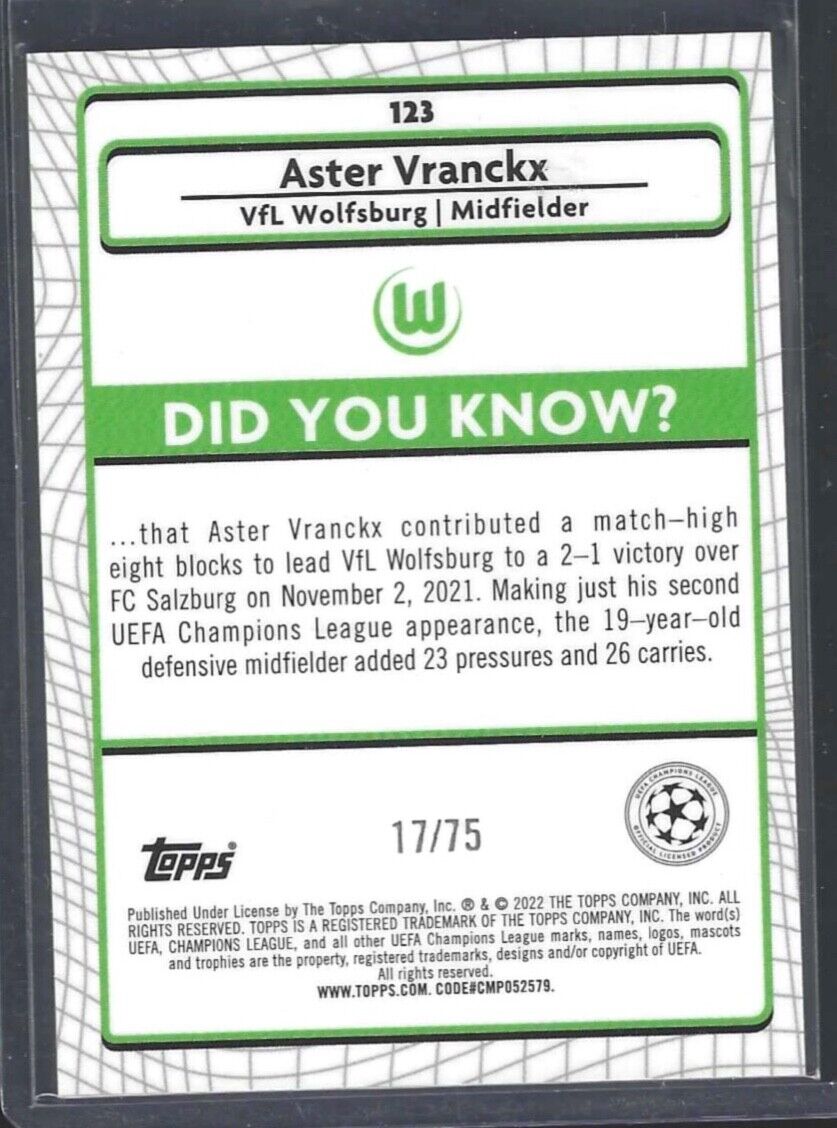 ASTER VRANCKX 2021-22 TOPPS MERLIN UEFA BLUE REFRACTOR ROOKIE RC #D 17/75