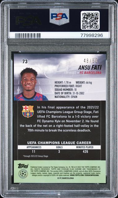 ANSU FATI 2021-22 STADIUM CLUB CHROME UCL GOLD REFRACTOR 48/50 PSA 10 GEM POP 3