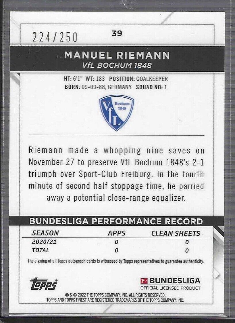 MANUEL RIEMANN 2021-22 TOPPS FINEST BLACK REFRACTOR AUTO #D 224/250