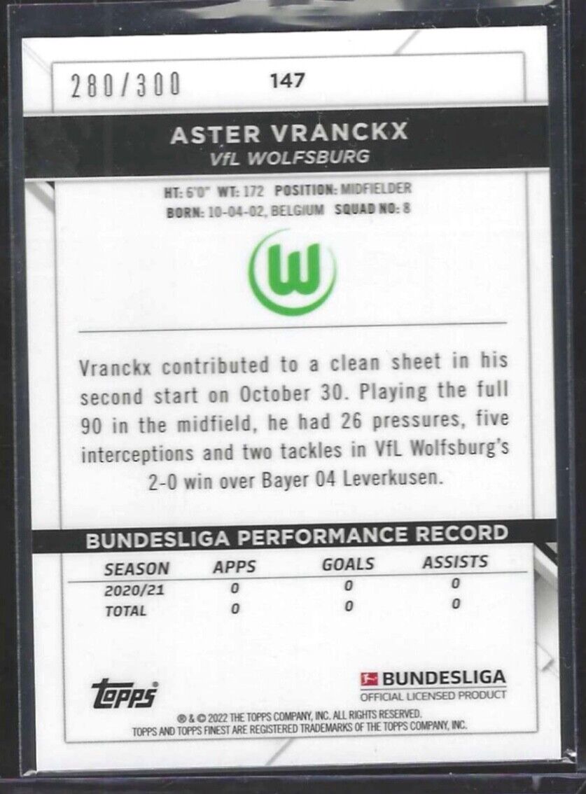 ASTER VRANCKX 2021-22 TOPPS FINEST PINK WAVE REFRACTOR ROOKIE RC #D 280/300