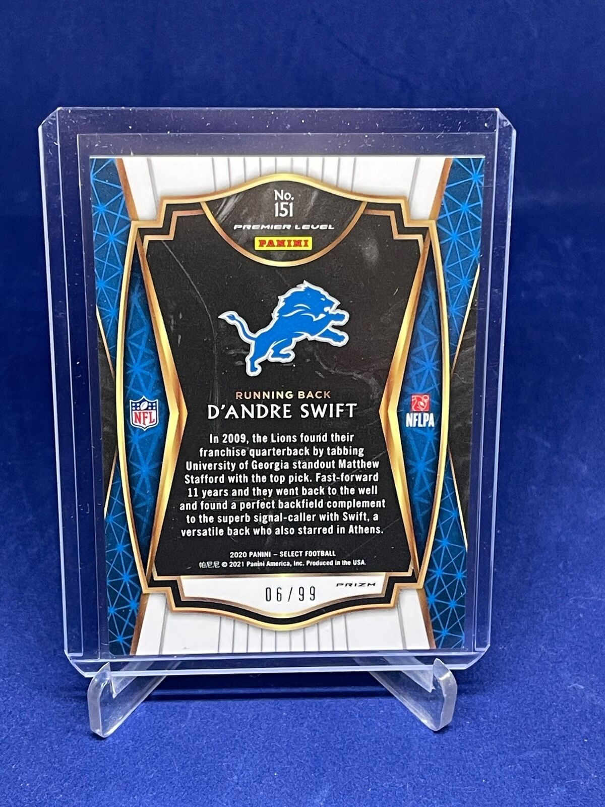 D'ANDRE SWIFT 2020 PANINI SELECT PREMIER LEVEL LIGHT BLUE PRIZM RC #D 6/99