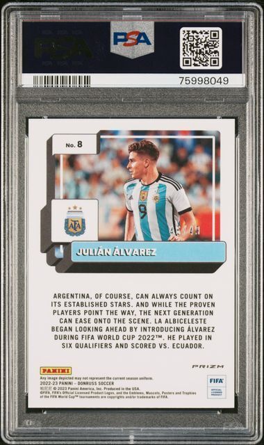 JULIAN ALVAREZ 2022-23 DONRUSS FIFA OPTIC TEAL MOJO PRIZM RC #D /49 PSA 9 POP 3