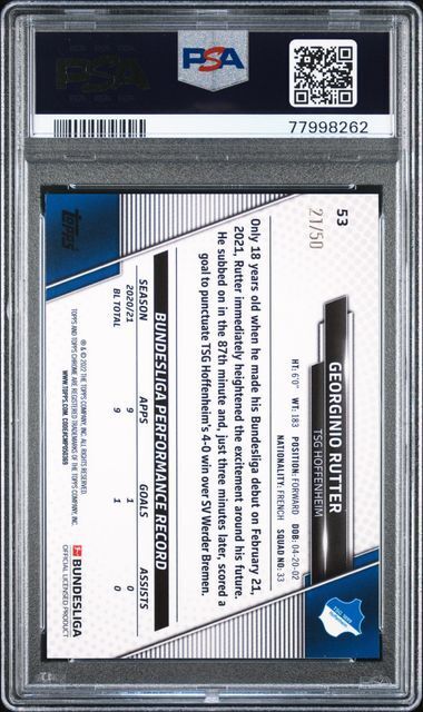 GEORGINIO RUTTER 2021 TOPPS CHROME BUNDESLIGA GOLD WAVE REFRACTOR RC /50 PSA 10