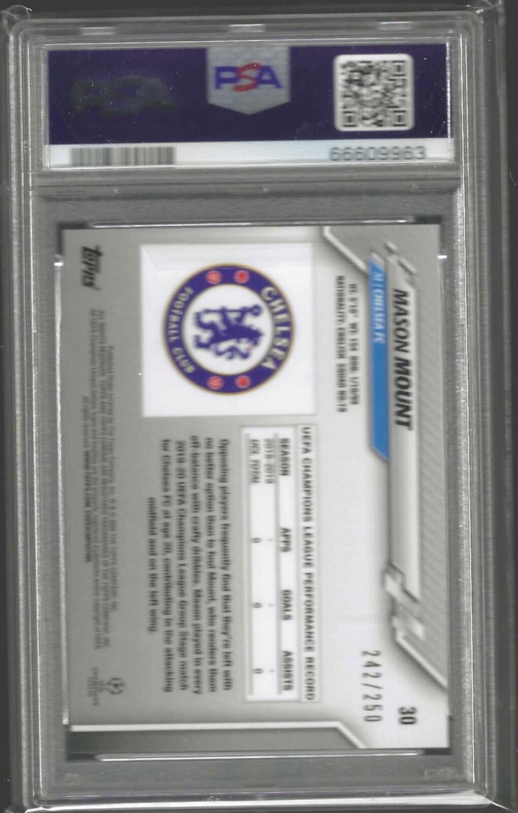 MASON MOUNT 2019-20 TOPPS CHROME UCL PURPLE REFRACTOR RC /250 PSA 10 GEM MINT