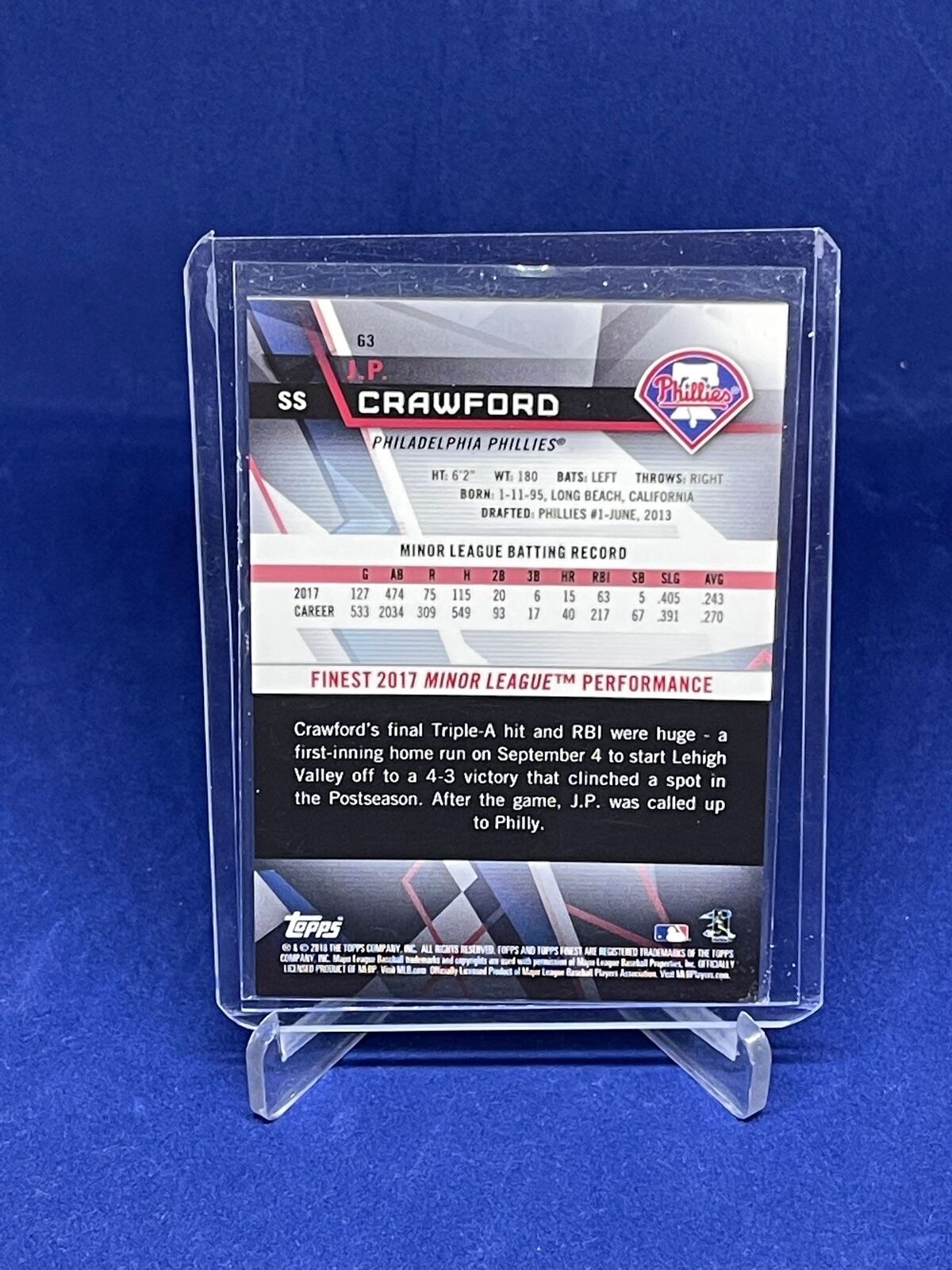 JP CRAWFORD 2018 TOPPS FINEST GOLD REFRACTOR ROOKIE RC #D 13/50