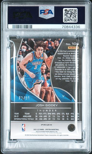 JOSH GIDDEY 2021-22 PANINI SPECTRA VARIATION CELESTIAL PRIZM RC #D 73/99 PSA 9