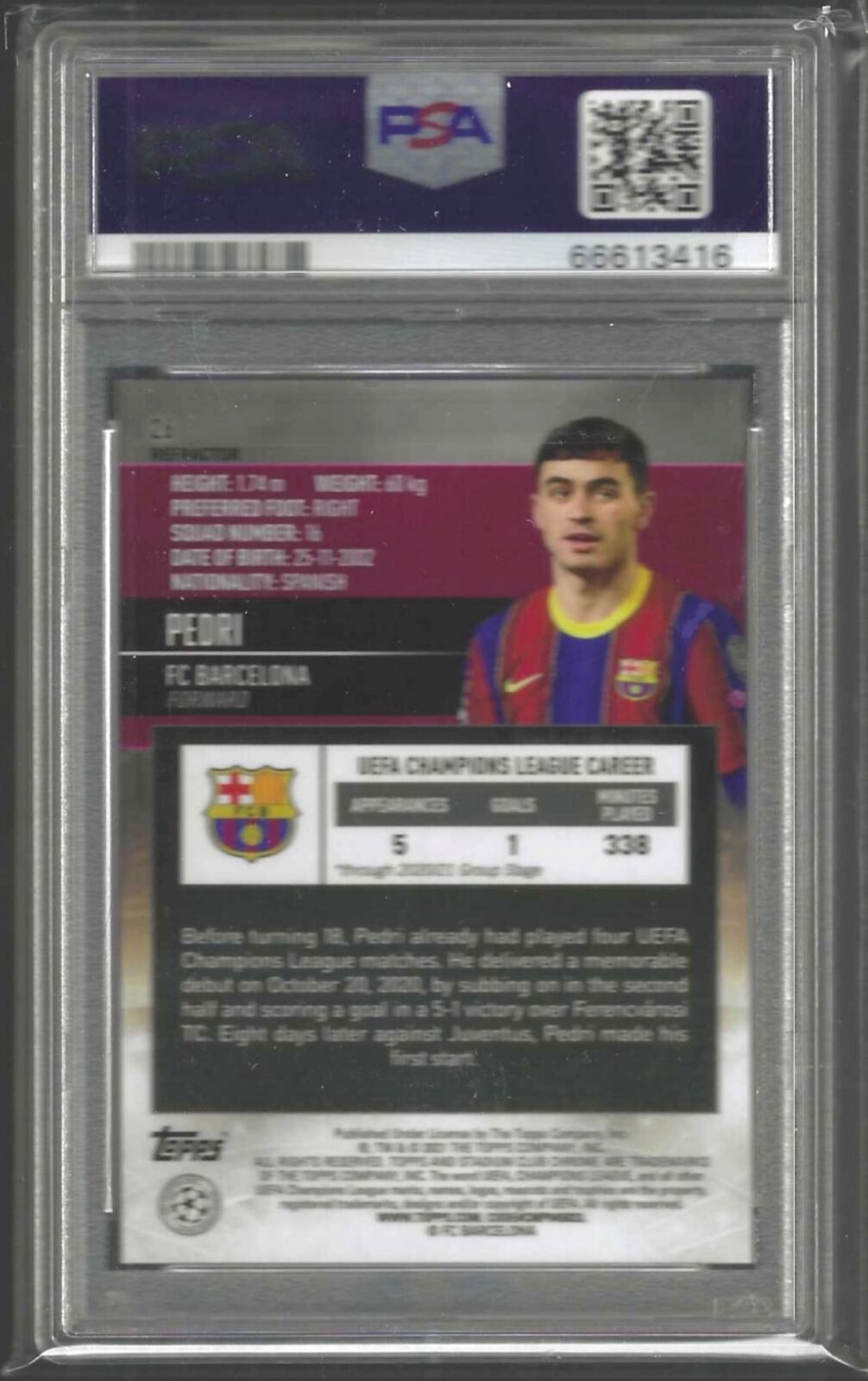 PEDRI 2020-21 TOPPS STADIUM CLUB CHROME SILVER REFRACTOR RC #26 PSA 10 GEM MINT