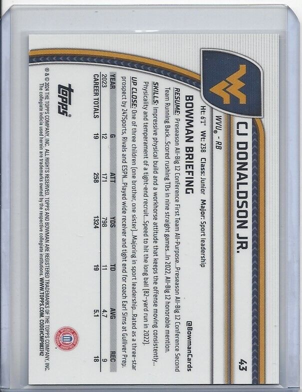 1/1 CJ DONALDSON 2024 BOWMAN CHROME UNIVERSITY GOLD REFRACTOR #D 4/50 JSY #