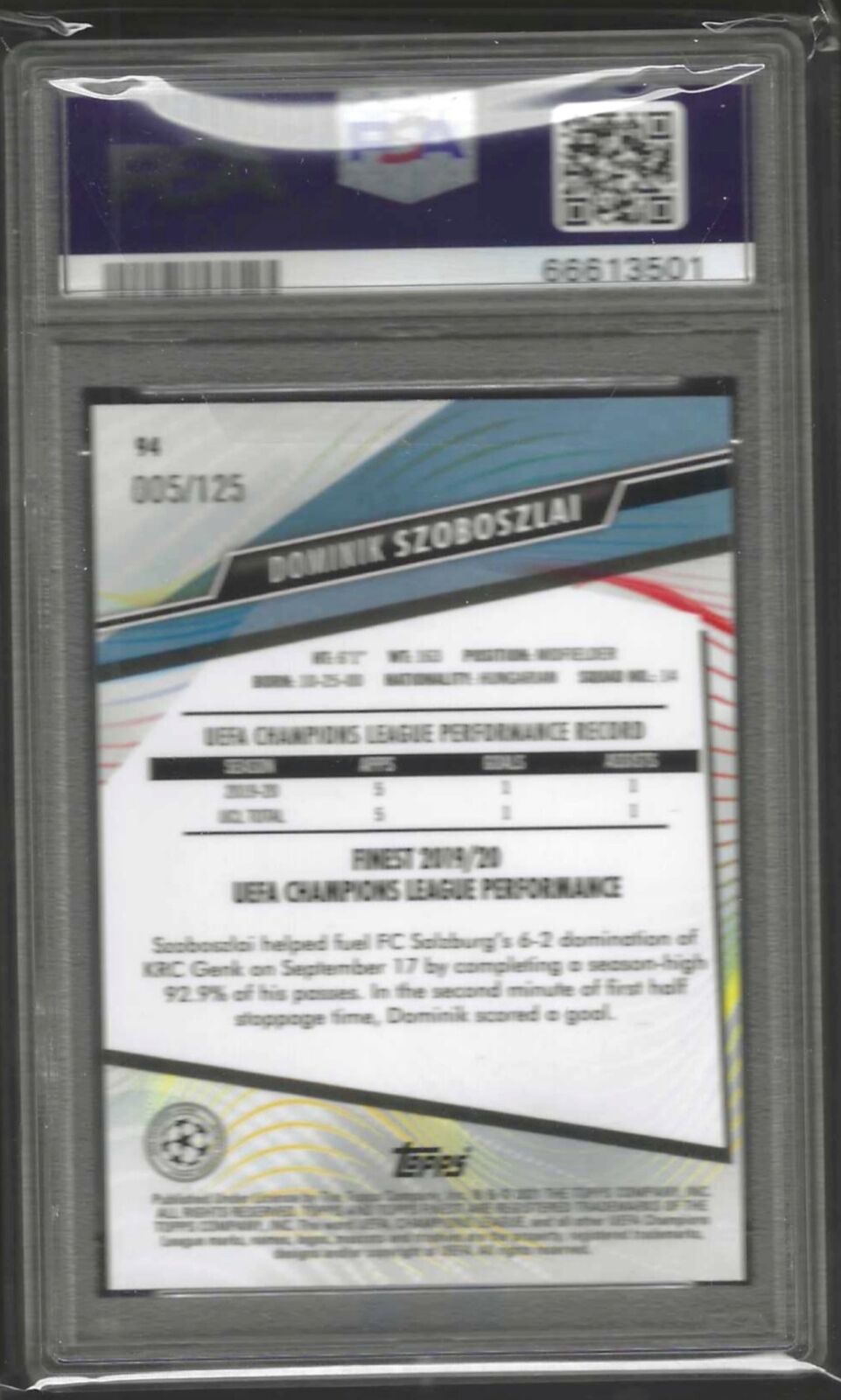 DOMINIK SZOBOSZLAI 2020-21 TOPPS FINEST PINK REFRACTOR RC /125 PSA 10 GEM POP 3