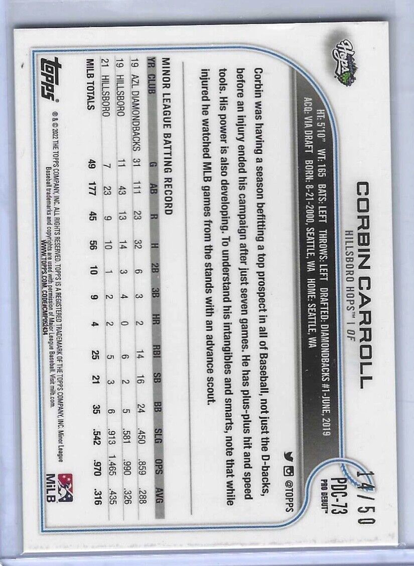 CORBIN CARROLL 2022 TOPPS CHROME PRO DEBUT GOLD REFRACTOR PROSPECT #D 14/50