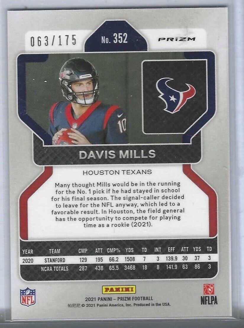 DAVIS MILLS 2021 PANINI PRIZM GREEN HYPER PRIZM ROOKIE RC #D 063/175