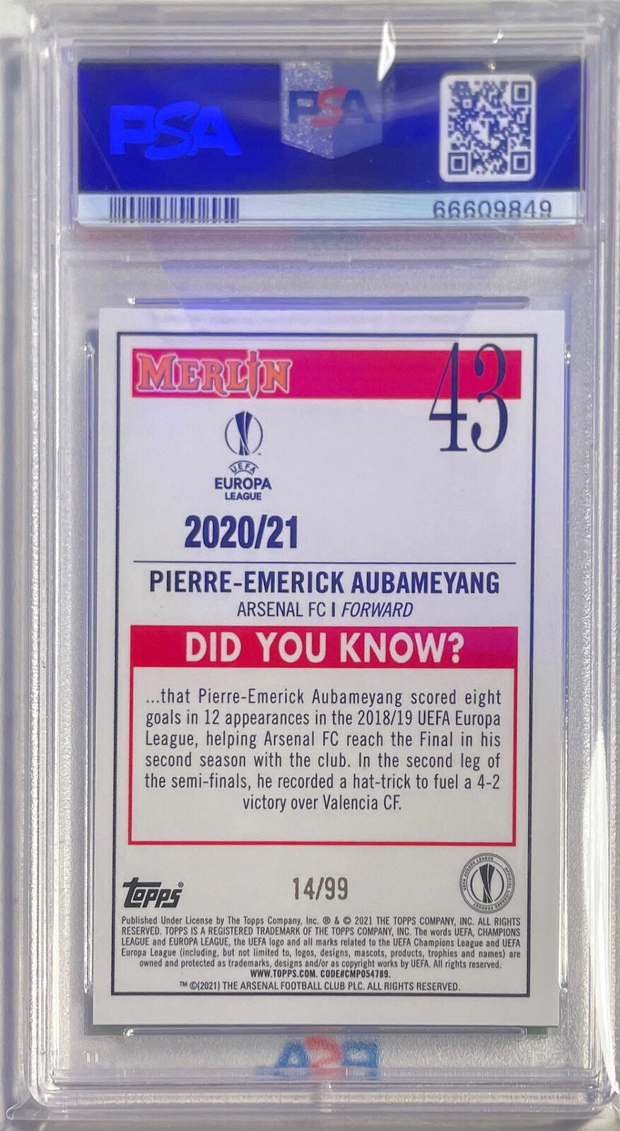 1/1 PIERRE EMERICK AUBAMEYANG 2020 MERLIN GREEN REFRACTOR #d 14/99 PSA 9 JSY #14