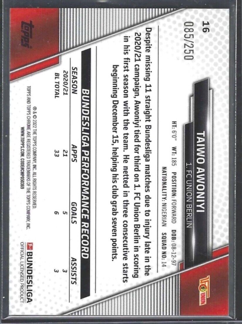 TAIWO AWONIYI 2021-22 TOPPS CHROME X-FRACTOR ROOKIE RC #D 085/250