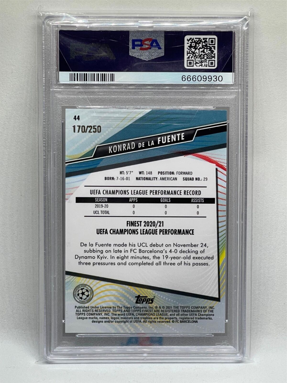 KONRAD DE LA FUENTE 2020 TOPPS FINEST PURPLE REFRACTOR RC /250 PSA 10 POP 1/1