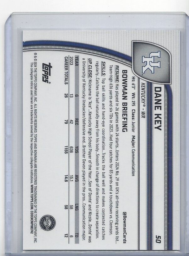 DANE KEY 2024 BOWMAN CHROME UNIVERSITY PURPLE REFRACTOR KENTUCKY #D /399