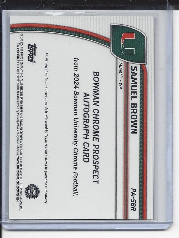 SAMUEL BROWN 20224 BOWMAN CHROME UNIVERSITY 1ST MIAMI PURPLE REFRACTOR AUTO /150