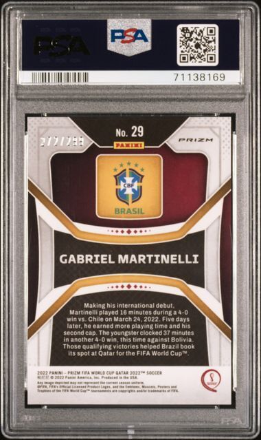 GABRIEL MARTINELLI 2022-23 PRIZM WORLD CUP QATAR BLUE PRIZM RC /299 PSA 10 GEM