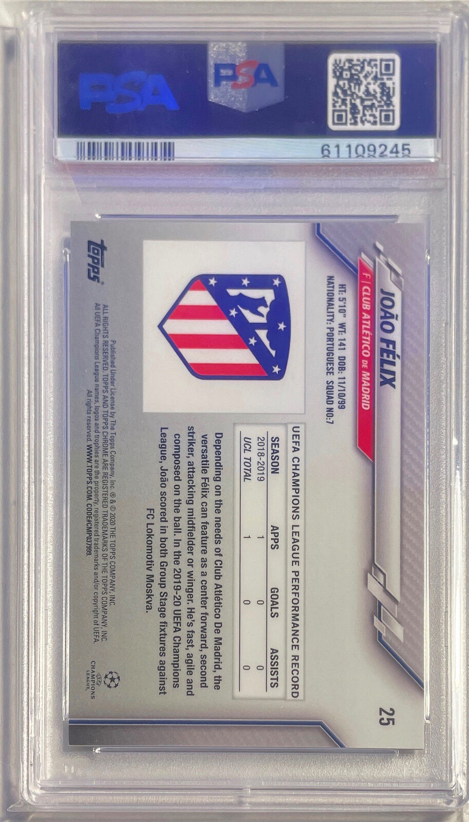 JOAO FELIX 2019-20 TOPPS CHROME UCL BLUE BUBBLES REFRACTOR #25 PSA 9 MINT POP 9
