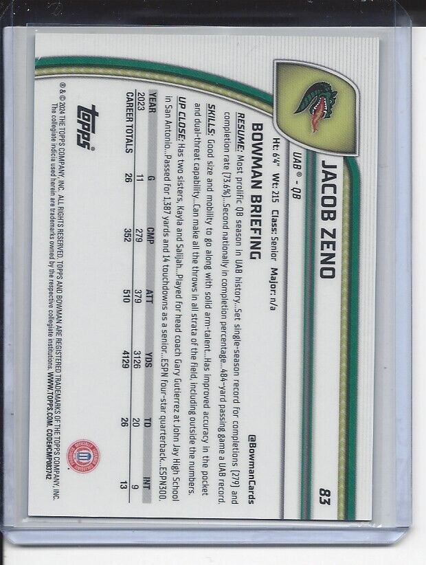 JACOB ZENO 20224 BOWMAN CHROME UNIVERSITY GREEN 1ST UAB REFRACTOR #D /99
