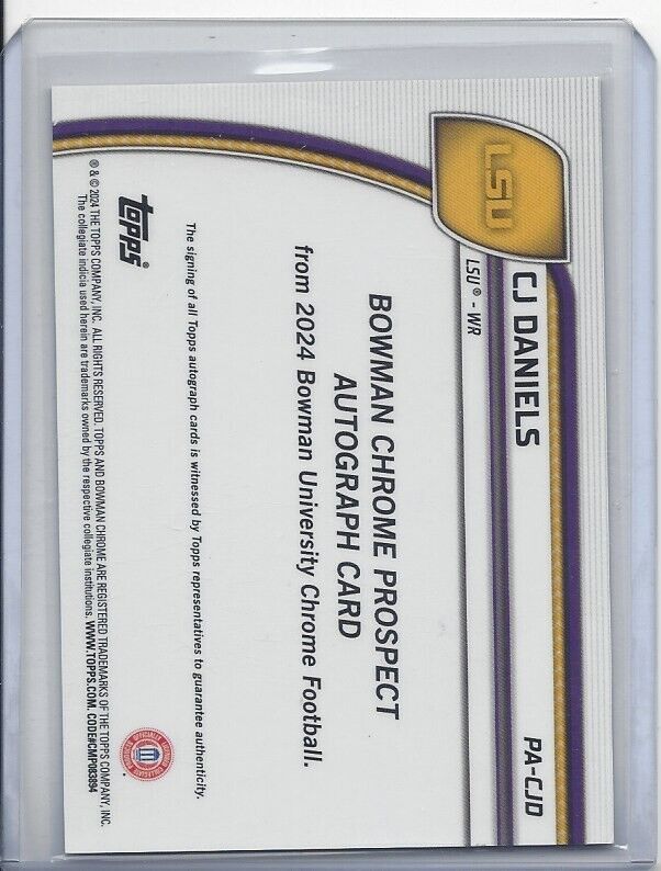 CJ DANIELS 20224 BOWMAN CHROME UNIVERSITY 1ST LSU GOLD REFRACTOR AUTO #D 41/50