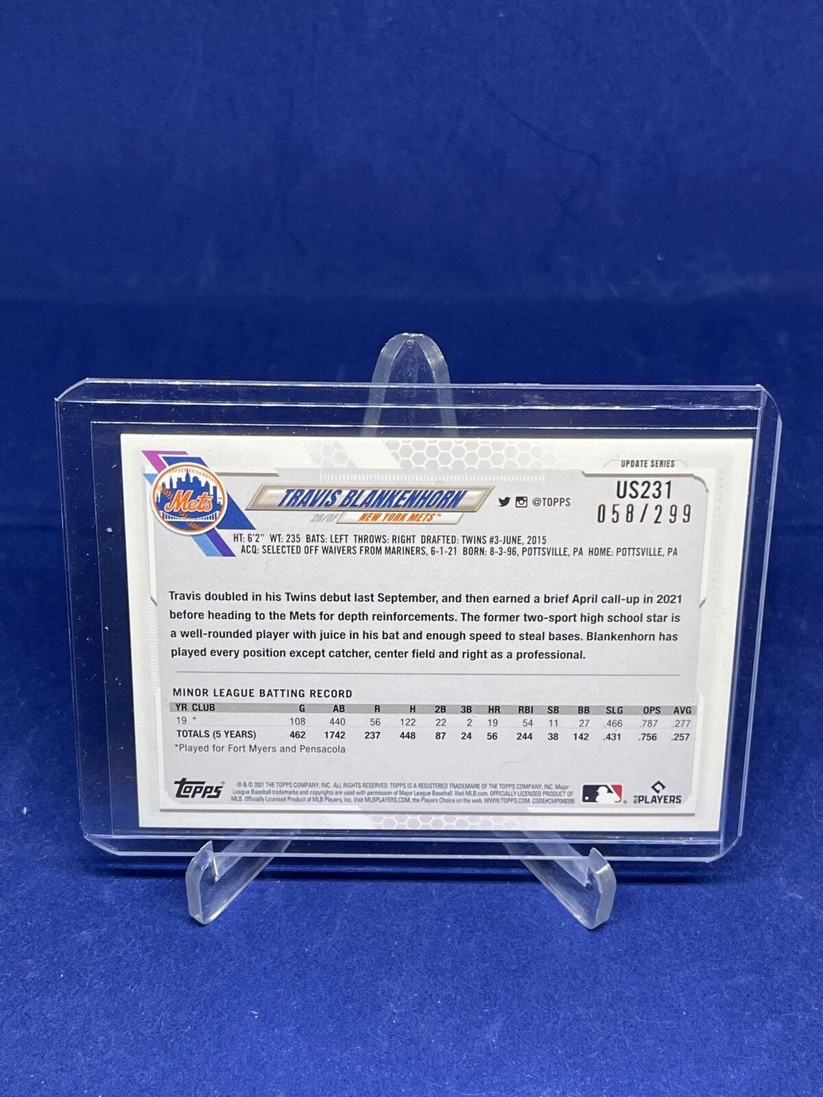 TRAVIS BLANKENHORN TOPPS 2021 UPDATE SERIES ORANGE ICE FOIL ROOKIE RC #D 58/299