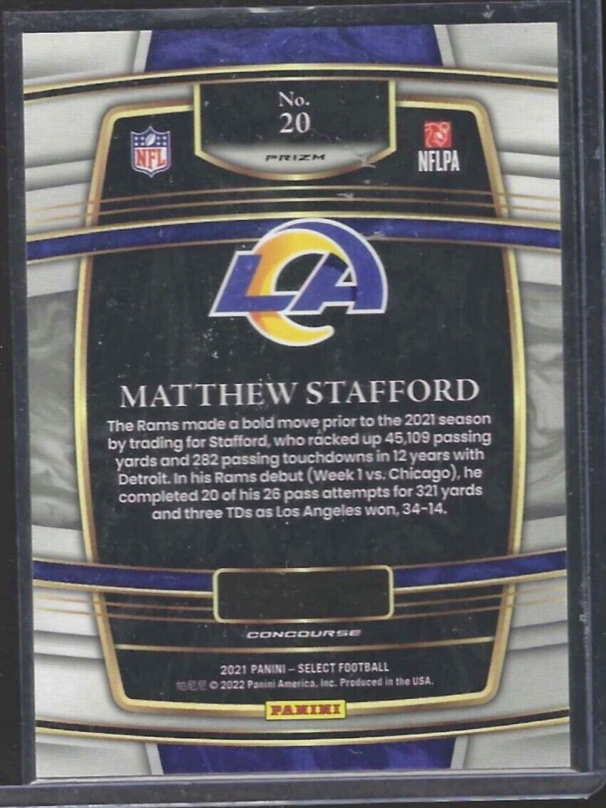 MATTHEW MATT STAFFORD 2021 PANINI SELECT CONCOURSE ZEBRA PRIZM SSP CASE HIT #20