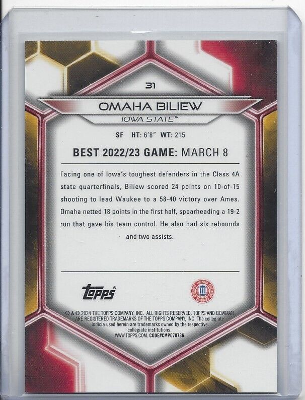 OMAHA BILIEW 2023 BOWMANS BEST GOLD GEOMETRIC IOWA STATE REFRACTOR #D 26/50