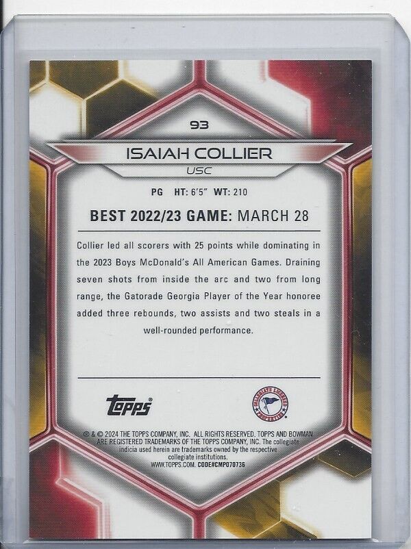 ISAIAH COLLIER 2023 BOWMANS BEST ORANGE REFRACTOR #D 22/25