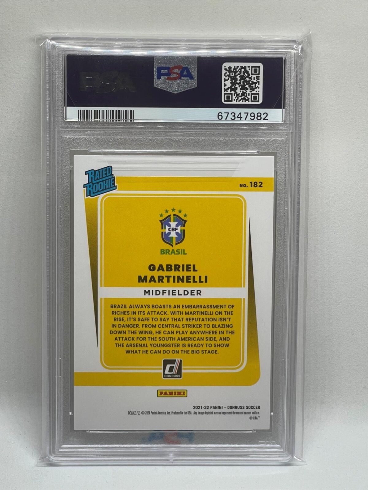 GABRIEL MARTINELLI 2021-22 DONRUSS ROAD TO QATAR #182 RATED ROOKIE RC PSA 10 GEM