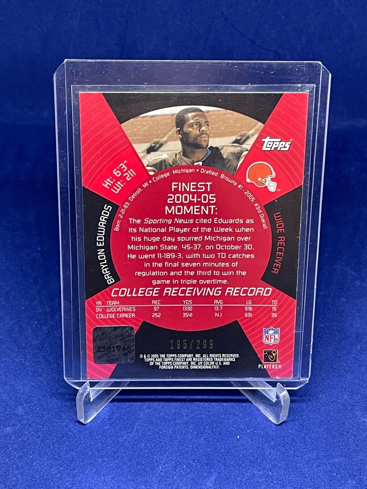BRAYLON EDWARDS 2005 TOPPS FINEST ROOKIE AUTO RC #D 195/299