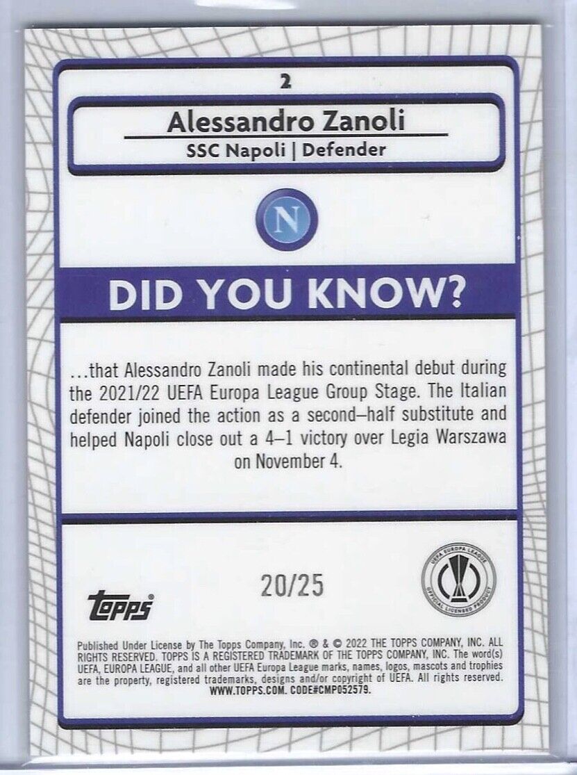 ALESSANDRO ZANOLI 2021-22 TOPPS MERLIN ORANGE REFRACTOR ROOKIE RC #D 20/25
