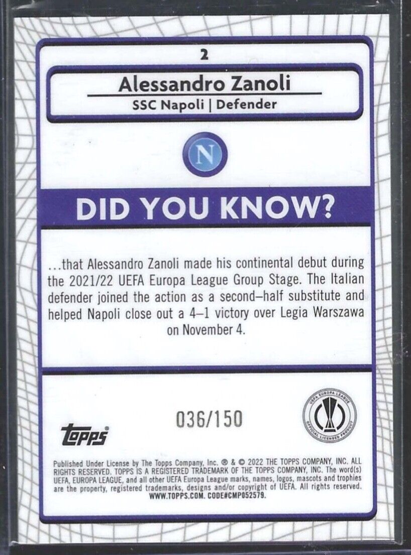 ALESSANDRO ZANOLI 2021-22 TOPPS MERLIN SPECKLE REFRACTOR ROOKIE RC #D 036/150