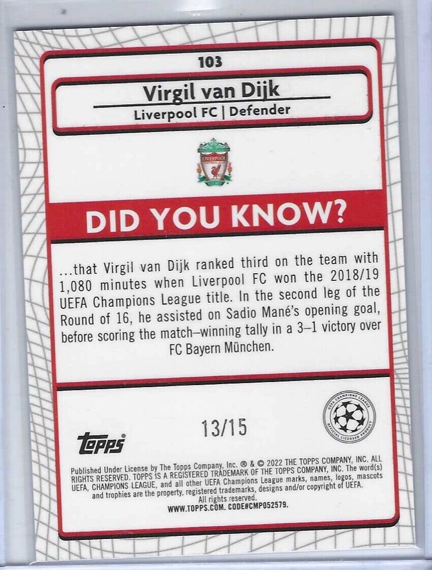 VIRGIL VAN DIJK 2021-22 TOPPS MERLIN PURPLE WAVE REFRACTOR #D 13/15
