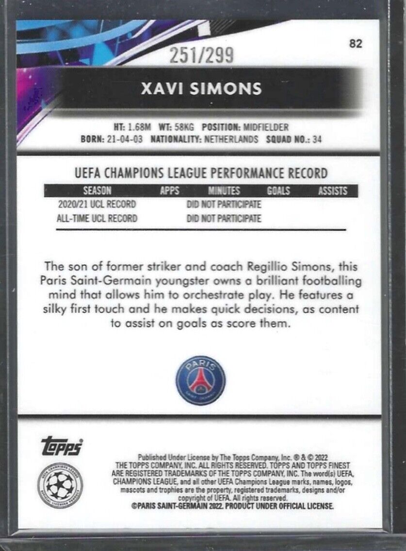 XAVI SIMONS 2021-22 TOPPS FINEST PURPLE REFRACTOR #D 251/299