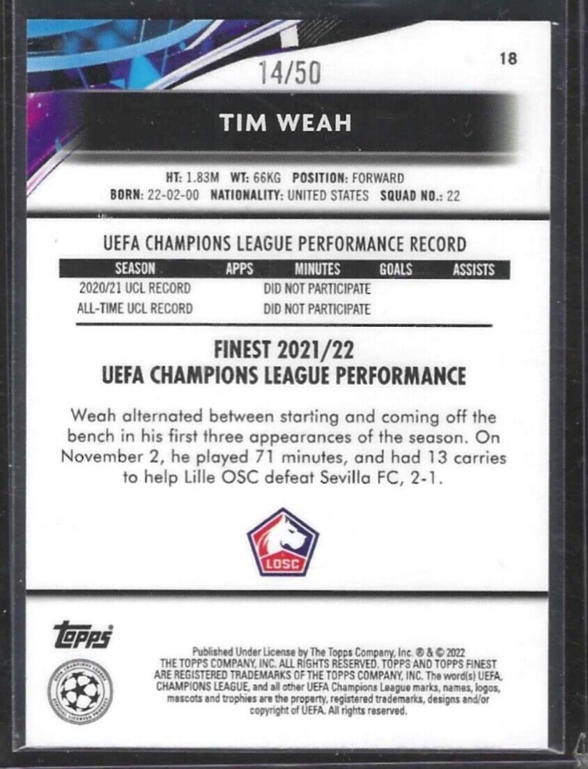 TIM WEAH 2021-22 TOPPS FINEST GOLD MINI DIAMOND REFRACTOR #D 14/50