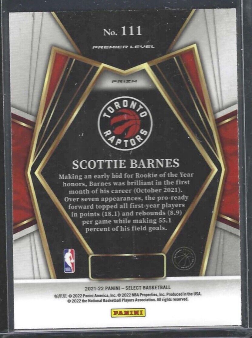 SCOTTIE BARNES 2021-22 PANINI SELECT PREMIER TRI COLOR PRIZM ROOKIE RC #111