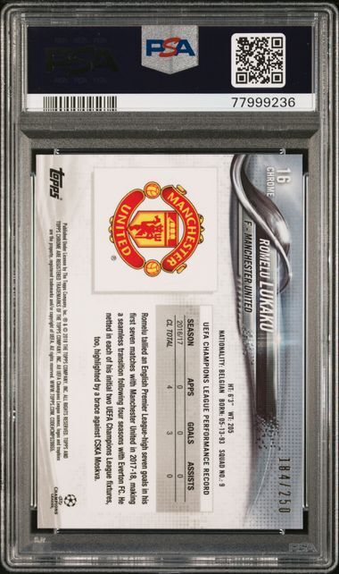 ROMELU LUKAKU 2017-18 TOPPS CHROME UCL PURPLE REFRACTOR /250 PSA 10 GEM POP 10