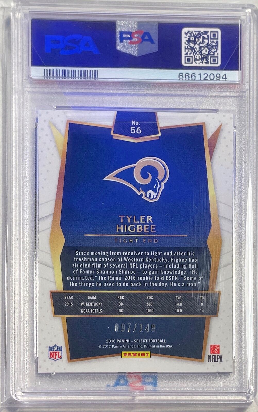 TYLER HIGBEE 2016 PANINI SELECT BLUE PRIZM RC #D 97/149 PSA 10 GEM MINT POP 2