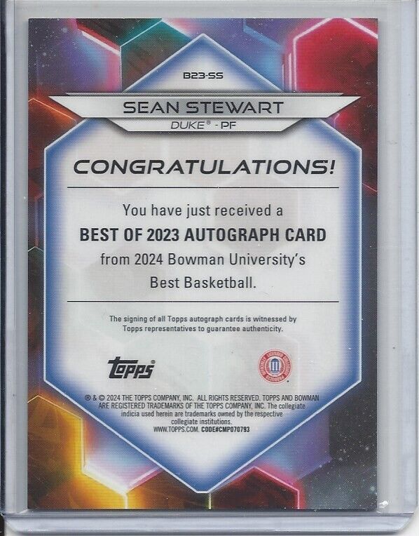 SEAN STEWART 2023 BOWMAN'S BEST UNIVERSITY GOLD GEOMETRIC REFRACTOR AUTO #D /50