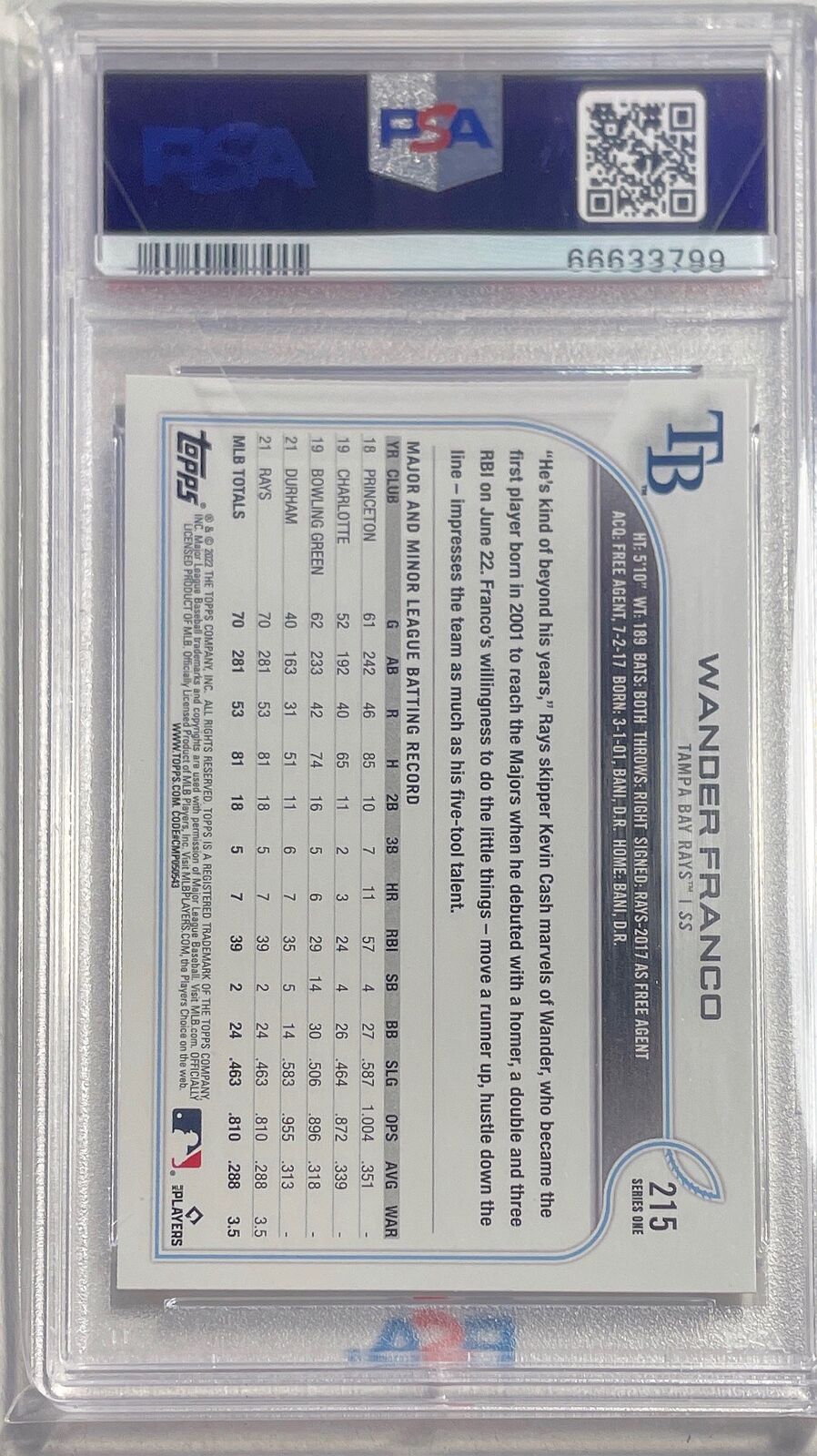 WANDER FRANCO 2022 TOPPS ROOKIE RC #215 PSA 10 GEM MINT