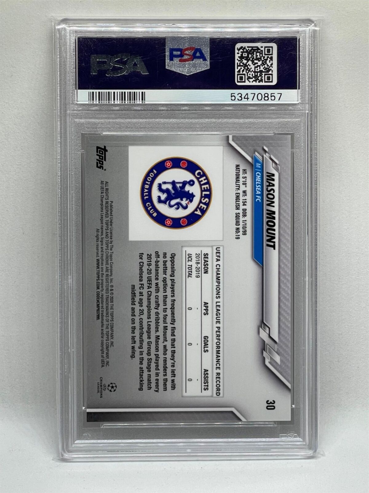MASON MOUNT 2019-20 TOPPS CHROME UCL PURPLE CARBON FIBER REFRACTOR RC #30 PSA 9
